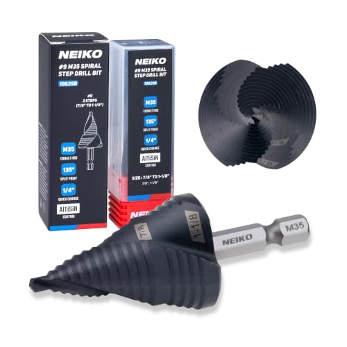 Image of NEIKO 10629B Step Drill Bit, 2 Steps 7 /8 inch to 1-1 /8 inch Spiral M35 Cobalt, AlTiSiN Coated, 1 /4 inch Quick Change Step Bits for Steel, Metal, Wood, Plastic, Unibit Cone Drill Bits, Two Flute