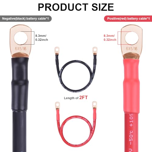 Image of iGreely 6 AWG Battery Cable,Flexible 6 Gauge Pure Copper Welding Battery Power Wires with 5 /16'' Lug,Heavy Duty Cable for Automotive Solar RV Marine DIY for Replacement Parts & Accessories 2ft /60cm