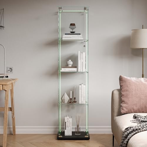TDRTRD vitrina de cristal con LED para colección, 39,8 x 35 x 163 cm moderno armario acristalado colección con 4 estantes y 1 puertas con cerradura, transparente armadura de cristal de pie para sala