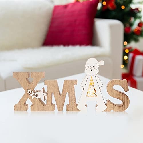 LIOOBO Christmas Lights Crafts Decorations Desktop Creative Decor Christmas Ornaments Christmas Log Carving Decoration for Home and Store (Pattern B Christmas Tree Elk Letters Shape)