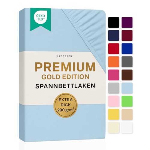 Jacobson Premium Spannbettlaken 200 g/m² Jersey Baumwolle mit Elasthan (180x200-200x200 cm, Hellblau) – Ansicht 1