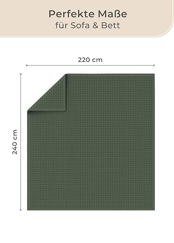 LAYNENBURG Premium Waffelpique Baumwolldecke 220x240 cm - Oeko-TEX 100 - Baumwollmix Kuscheldecke - Decke als Wohndecke, Sofa-Decke & Couchdecke - Wolldecke kuschelig-warm aus Baumwolle (dunkelgrün)