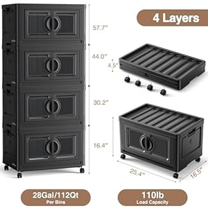 V9 112gal storage bins with lids stackable collapsible storage bins with wheels closet organizers and storage folding plastic cabinet with doors for home office garage 4pack black  urban country home decor