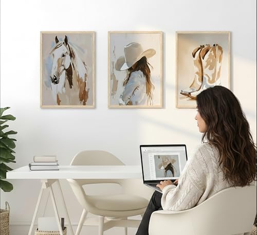 Image of FJKLRP 3pcs Western Cowgirl Canvas Prints Wall Art16x24 inches Unframed