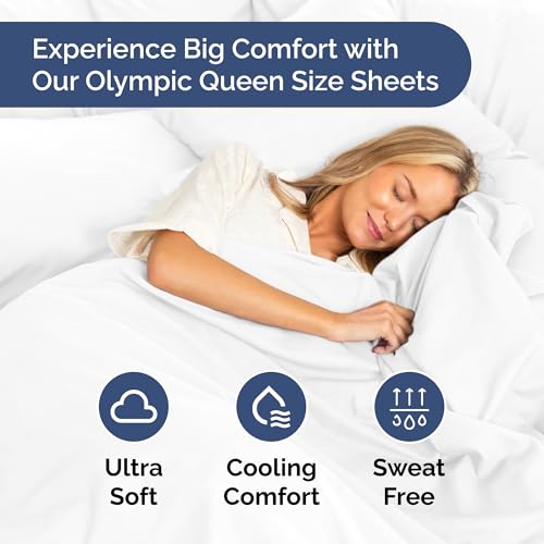 Image of Olympic Queen Sheet Set 66 inch x 80 inch - Luxury RV Olympic Queen Sheets - White | Soft, Cooling, Comfy & Breathable, 1 Flat, 1 Fitted & 2 Pillowcases w / 14 inch to 16 inch Deep Pockets, Wrinkle Resistant & Fade Free