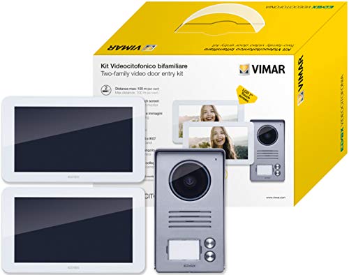 Vimar K40936 2-rodzinny zestaw do wprowadzania wideo z: zestaw głośnomówiący 17,78 cm LCD, 1 2-przyciskowy panel wejściowy audio/wideo, 2 jednostki zasilające, z uchwytem mocującym