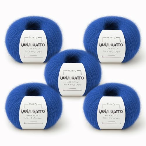 Fils à tricoter 5 pelotes 125 gr., Silk Mohair Lana Gatto Luxury Line, mélange de qualité supérieure et doux pour tricot et crochet, Made in Italy (Bleu -...