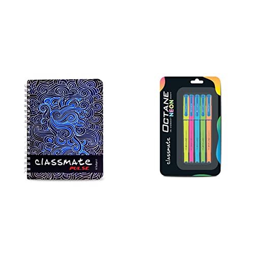 Image of Classmate Pulse 6 Spiral Notebook - 240 mm x 180 mm, Soft Cover, 300 Pages, Unruled Octane Neon, Pack of 5