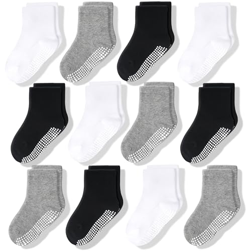 Image of CozyWay Baby Anti Slip Crew Socks 12 Pairs with Grips for Toddlers Little Boys Girls Infants Kids Non Skid