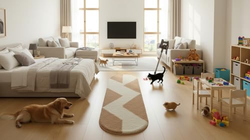 Image of Fluffy Silky Micro Fiber Polyster Carpet /Runner for Bedroom, Study Room, Playing Room, Guest Room ETC. 2x5 Feet, (Beige and Ivory Chevron Pattern)