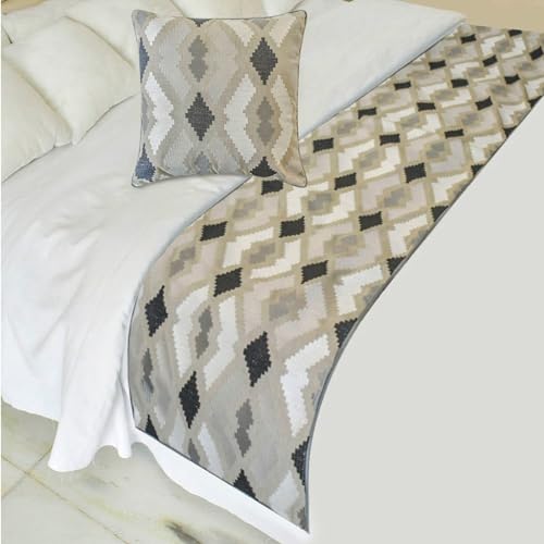 The HomeCentric Chemin de lit décoratif Beige, King de 225 x 45 cm Coureur de Lit avec 1 Coussin Lin Broderie, Aztèque Contemporain - Thread Tale
