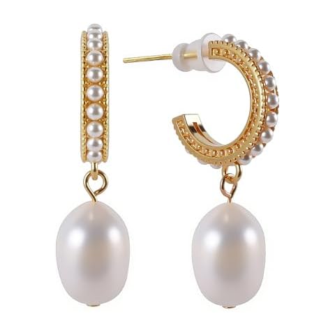 18K Gold Plated Pearl Hoop Earrings, Natural Freshwater Pearl, 925 Sterling Silver Posts, Hypoallergenic Jewelry for Women, 16.5MM Cover