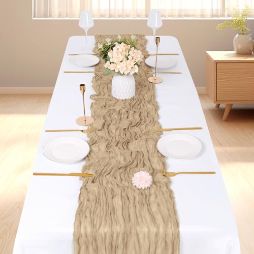 ACSUIT 6 Pack Beige Cheesecloth Table Runner, 17 x 108 inch, Semi Sheer Boho Cheese Cloth Fabric Table Runner Bulk for Wedding , Birthday, Party, Holiday, Home Decor (Beige) by ACSUIT - Image 2