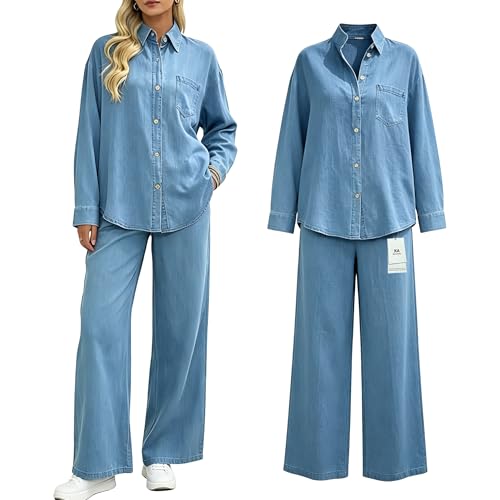 KALIHANA Denim Dreams Pajama Set for Women 2 Piece Y2K Loose Flowing Lightweight Breathable Soft Elegant Loungewear Light Blue Small