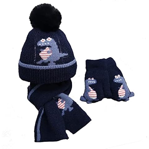 NautySaurs Boys Hat Scarf and Gloves Set Dinosaur Winter Warm Fleece Lined Beanie Hat Knit Scarf Gloves for Kids Age 2-6 Years (Navy blue) Cover