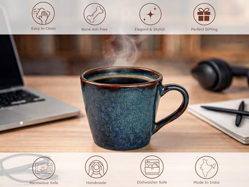 Image of Bodhi House Handcrafted Ceramic Tea Cup Set of 4 Pieces (175 Ml), Stoneware Coffee Mug, Microwave Safe Small Tea Cup, Glossy Finish, Ideal for Daily use, Casual Gatherings and Gifting, Greenish Blue