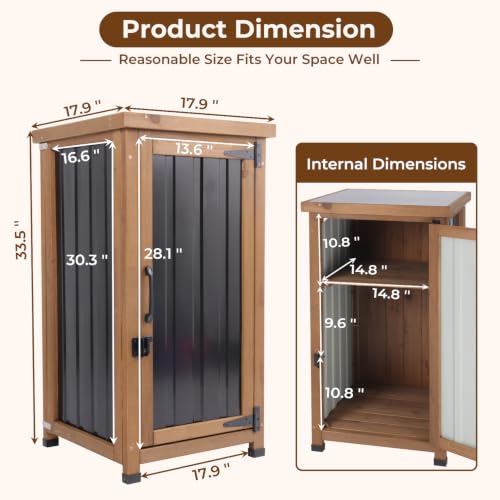 Image of PetsCosset Small Outdoor Storage Cabinet Waterproof with Metal Top, Wood & Metal Outside Potting Bench Table Tool Organizer with Adjustable Shelf for Patio Backyard Garden