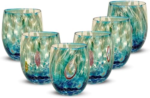 Gocce di Murano 6 Bicchieri Acqua Lavorati Secondo la Tradizione degli Artigiani di Murano, Bicchiere Soffiato e Lavorato a Mano 300 ml - Bicchieri Acqua Vetro Arcobaleno Pioggia