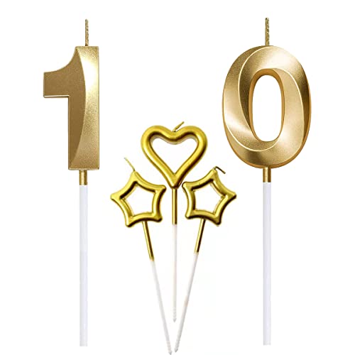 Jxuzh 10e anniversaire - Chiffres dorés - Bougies à paillettes - Décoration de gâteau d'anniversaire - 10 ans - Pour anniversaire, fête, anniversaire de mariage Cover