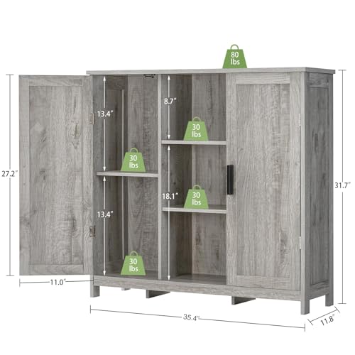 Iwell Storage Cabinet with 2 Doors and 4 Adjustable Shelves, Buffet Cabinet with Storage, Floor Cabinet for Living Room, Entryway, Kitchen, Rustic Gray - Thumbnail 3