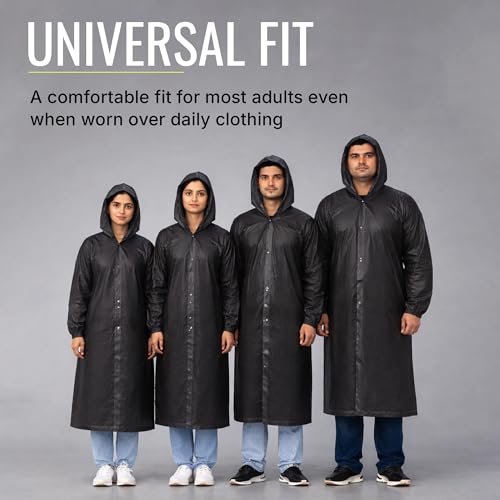 Image of Robustt EVA Reusable Raincoat with Hood (Black) - Pack of 1 | Elasticated Full Sleeves Outdoor Waterproof Raincoat for Men & Women | Rainwear | Button Closure | Knee Length | Universal Fit