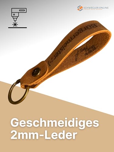 SCHWEGLER.online Schlüsselanhänger personalisiert Leder mit Wunsch-Gravur, handgemacht, Materialstärke 2mm, pflanzlich gegerbt, Geschenkverpackung möglich (braun)