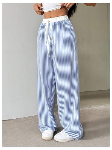 WDIRARA Women's Loose Casual Elastic Drawstring Waist Trousers Striped Wide Leg Pants3