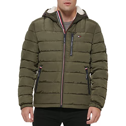 Tommy Hilfiger Men's Midweight Sherpa Lined Hooded Water Resistant Puffer Jacket, Olive Tech, X-Large