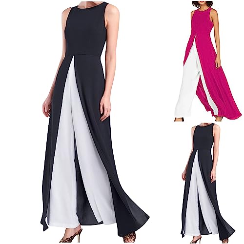 HGps8w Womens Split Front Crepe Overlay Jumpsuit Elegant Sleeveless Flowy Tunic Shirt Dressy 2 Piece Formal Dress Set Rompers2