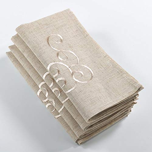 Fennco Styles Classic Embroidery Scroll Border Linen Blend 20 x 20 Inch Cloth Napkins, Set of 4 – Natural Dinner Napkins for Wedding, Banquet, Special Events and Home Décor
