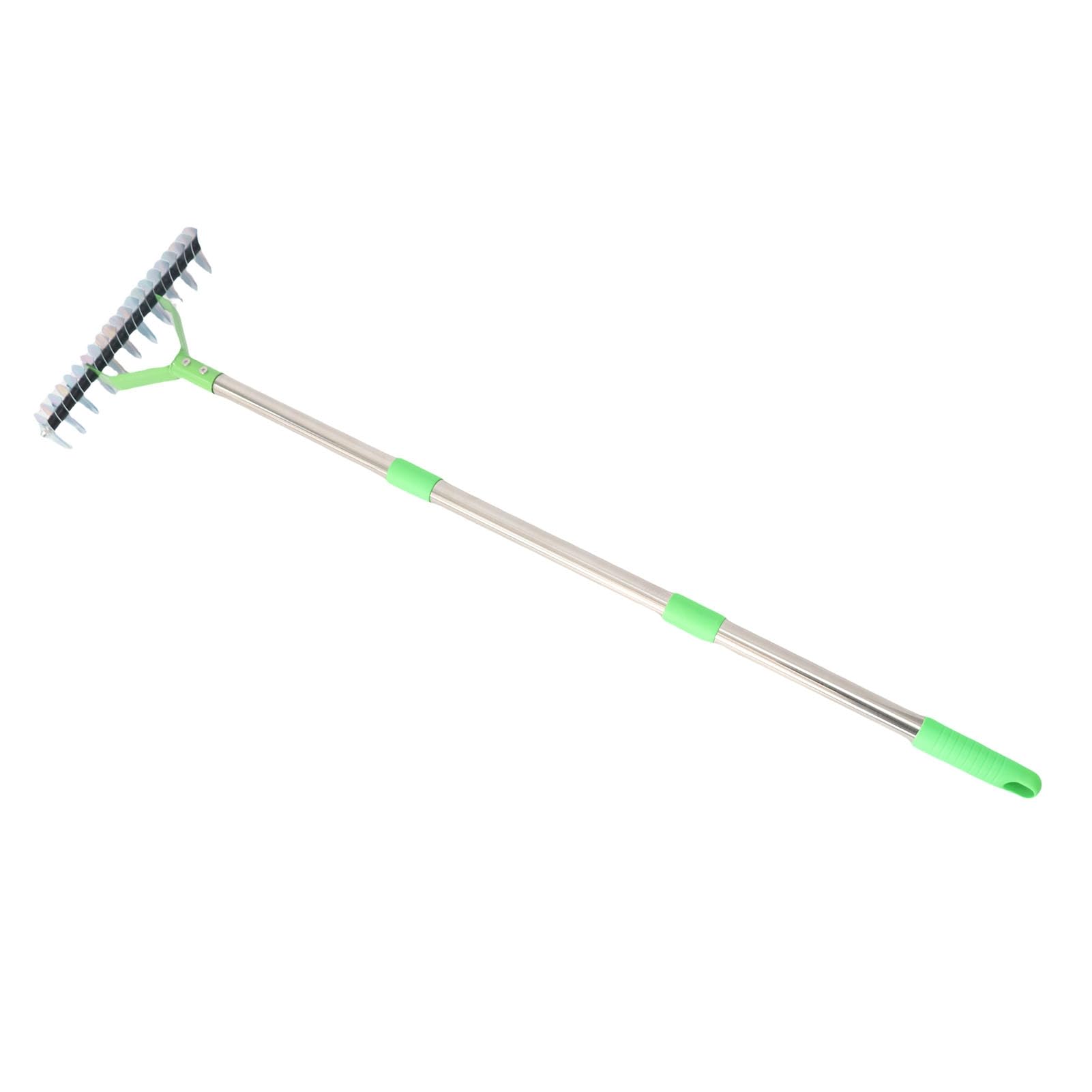 Rengue Rastrillo de Paja, Rastrillo de Césped, de Paja de 3 Secciones de Acero Inoxidable con Púas Curvas y Ergonómico para Techar, Fertilizar, Resiembra, Labrar