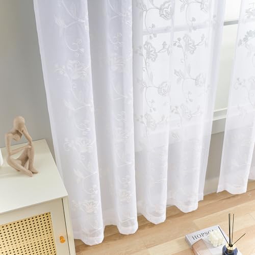 Image of Sheer Curtains Floral Embroidery White 84 Inch Long Rod Pocket Lace Drapes for Living room, Bedroom, 2 Panels, 52 inchx84 inch, Semi Voile Pattern Outdoor Window Treatment Sets for Yard, Patio, Villa, Parlor.
