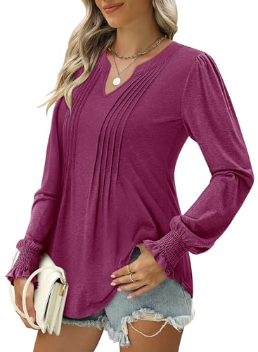 BETTE BOUTIK Long Sleeve Shirts for Women Fall Tops Dressy Blouses Pleated V Neck Tunic Tops for Leggings S-3XL