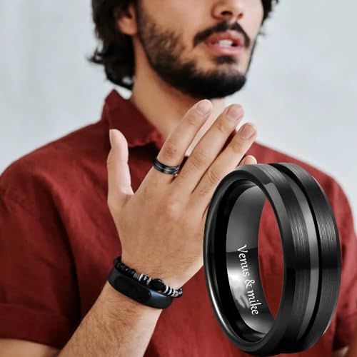 Personalized Matching Promise Rings for Couples Set with 2 Rings Black CZ Wedding and Engagement Ring Set for Women and Men Couples Promise Rings for Him and Her Titanium Inside Engraved Name Rings2