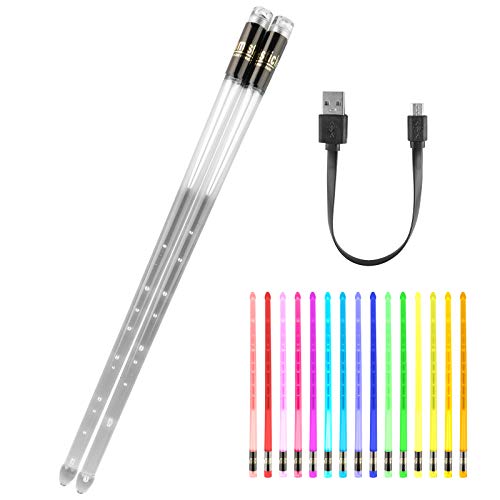 LED Light up Drumsticks, 15 Color Changing, Support USB Charging with Opening Key, PC Polymer Material, Durable Professional Musical Practice for Kids Adults (2pcs / Pack)