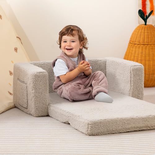 Miniatura 8 de Sofá Cama Infantil Bejoy, Extra Ancho 2 En 1, Sofá Suave Con Sherpa Para Niños, Convertible De Cama Infantil A Tumbona Para Niñas Y Niños, Gris Claro