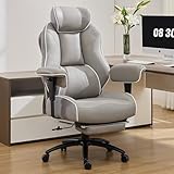 DJ·Wang Big and Tall Office Chair with Foot Rest, High Back Executive Office Chair PU Leather, Ergonomic Chairs with Lumbar Support, 135° Reclining Chairs with Thickened Spring Cushion Gray