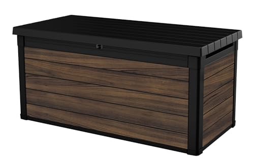 Keter Signature Collection 150 Gallon Resin Deck Box Organization and Storage for Patio Outdoor Cushions Throw Pillows Garden Tools and Pool Supplies Rosewood