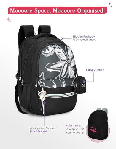 Image of Genie Petalis School Backpack For Girls |19 Inch-40 Litres With Laptop Sleeve, Rain cover, Three Compartments, |Best for Books, Water Bottles, Stationery, Laptop, Lunch Box & Essentials - Black
