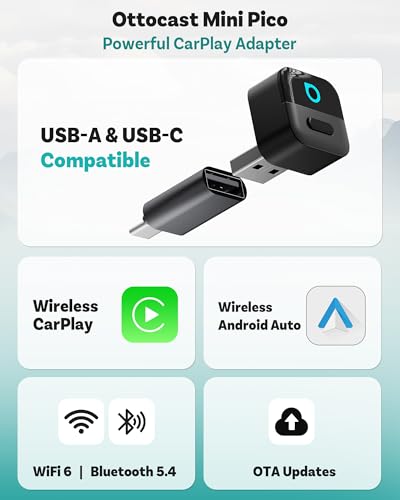 Image of OTTOCAST Mini Pico 2026 Wireless CarPlay Adapter for iPhone & Android - Plug and Play WiFi 6 Bluetooth 5.4 Android Auto Adapter (Black)