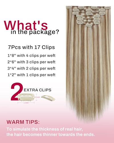 Image of Moresoo Long Hair Extensions Clip ins Blonde Highlights Medium Brown with Platinum Blonde Double Weft Human Hair Clip in Extensions Highlights Brown with Blonde for Party 120g /7pcs 24in
