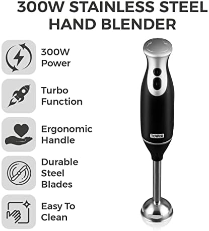 Tower T12014 Hand Blender, Durable Steel Blades and Turbo Function 300W, Black and Stainless Steel