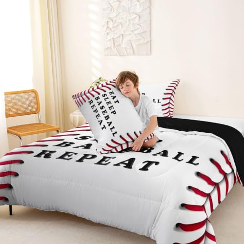 Image of Feelyou Baseball Comforter Set Queen Size Ball Pattern Bedding Set for Kids Boys Girls Eat Sleep Sports Theme Duvet Quilt Bedroom Decor Microfiber 3 Pcs with 2 Pillow Cases