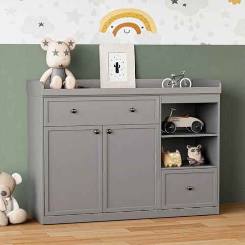 Wide Baby Changing Table Dresser with 2 Doors, 2 Different Size Drawers &Storage Cubbies, Durable Wood Construction, Built-in Shelves of Ample Storage for Nursery (Grey)