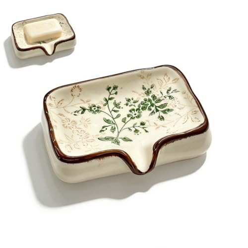 Image of Ceramic Non-Slip Soap Holder with V-Drainage | Elegant Nordic Floral Pattern for Shower, Bathroom & Kitchen Sink - Reduces Waste
