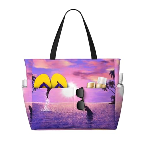 Sac de plage dauphins coucher du soleil grand sac cabas femme