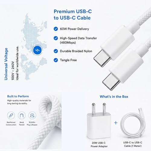 Image of 20w 3.0 PD Super Fast Charger with Type C to C Cable Compatible with iPhone 17 Pro Max /17 Pro /17 Air /17, iPhone 16 Pro Max /16 Pro /16 Plus /16 & 15 /14 |Original Charging Speed| BIS Certified