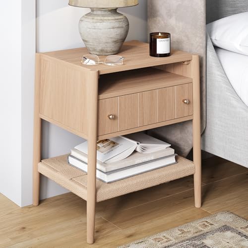 Nathan James Meads Wood Nightstand with Drawer, Vintage Nightstand with Seagrass Storage and Brass Handles, Raw Oak