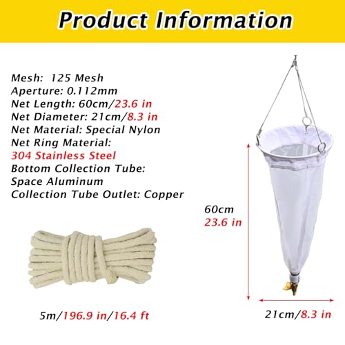 Lake/River Plankton Net, 125 & 200 Mesh Sampling Net Kit with 5M Rope, Aperture 0.112 MM & 0.064 MM Planktons Collection Net for Assess Water Quality/Teaching Practice(125 Mesh)