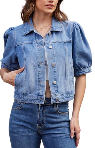 andy & natalie Womens Jean Jacket Cropped Short Puff Sleeve Trendy Denim Jackets with Pockets Medium Denim Blue